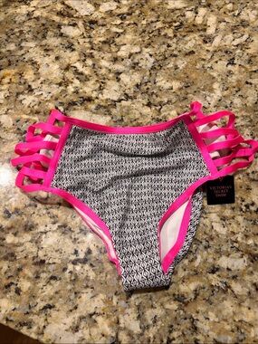 NWT Victoria's Secret Black & White Patterned Bikini Bottom with Hot Pink Trim